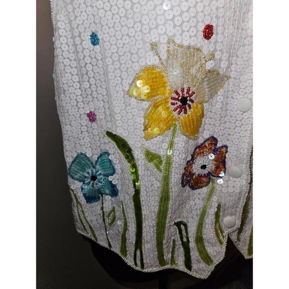 Quacker Factory Vest Flowers Butterflies White Sequin Size Medium - Picture 3 of 9